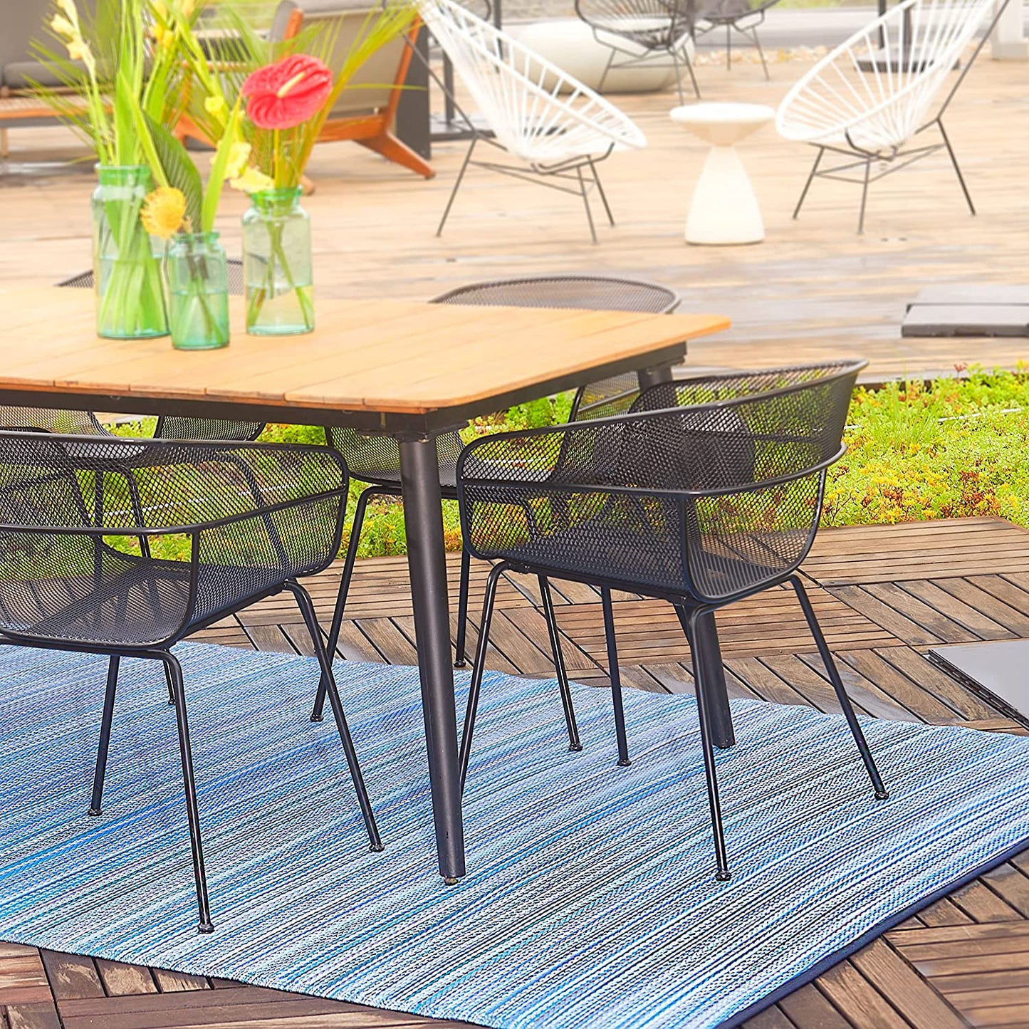 Outdoor Rug - Waterproof, Fade Resistant, Crease-Free - Premium Recycled Plastic - Striped - Patio, Deck, Porch, Balcony, Laundry Room - Cancun - Indigo - 4 X 6 Ft