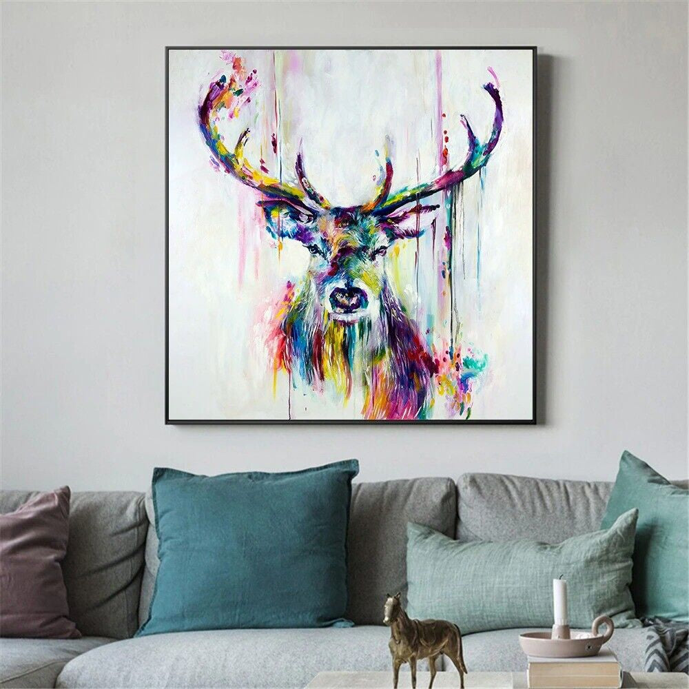 Rainbow Color Deer Animal Oil Painting Canvas Wall Art Living Room Home Décor