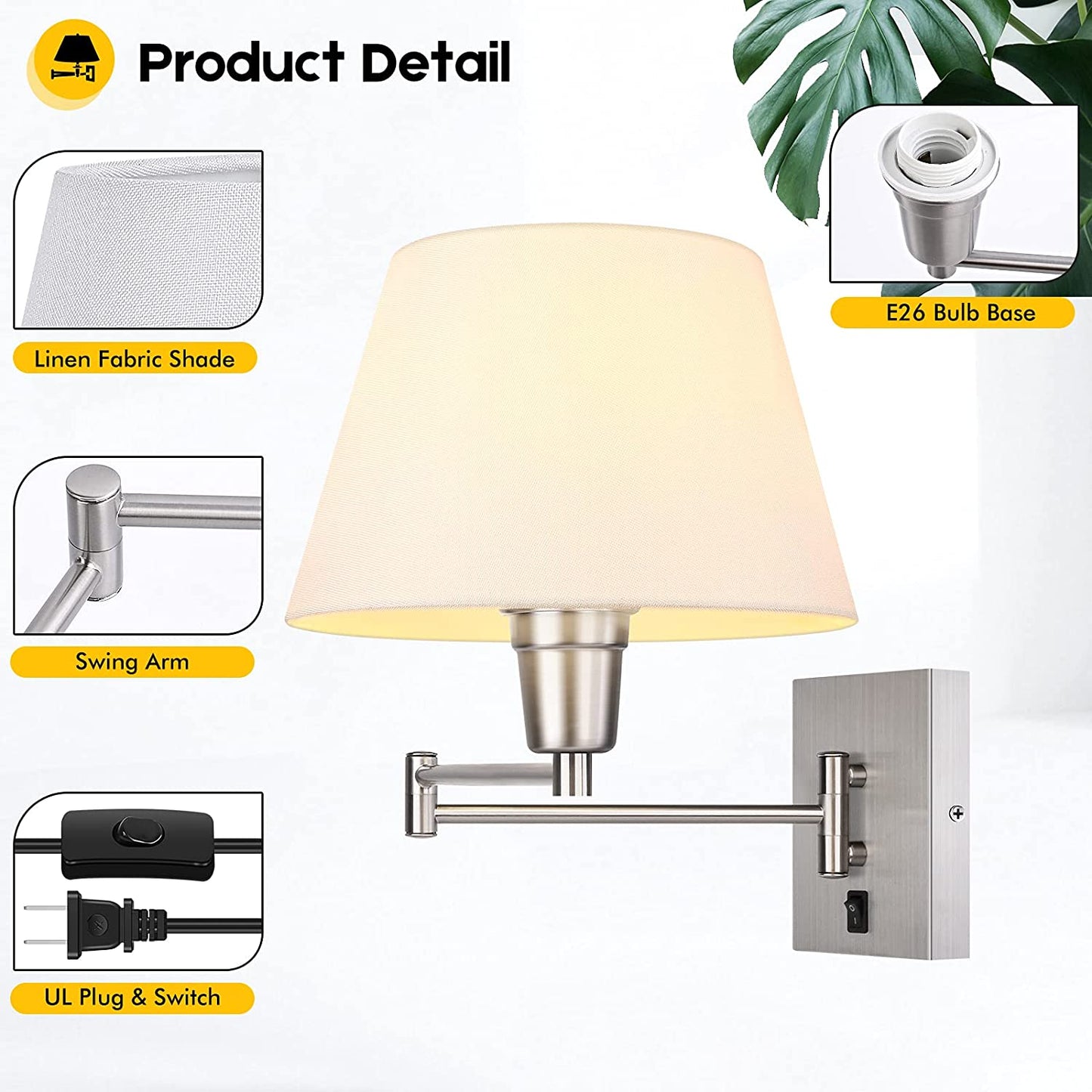 Swing Arm Wall Sconces Set of 2, Indoor Plug in Wall Lamp with White Fabric Shade Hardwired Wall Light Fixture with E26 Base Decor for Bedroom Living Room Porch Hallway Office