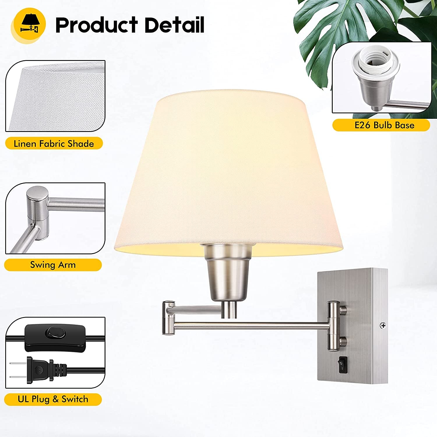 Swing Arm Wall Sconces Set of 2, Indoor Plug in Wall Lamp with White Fabric Shade Hardwired Wall Light Fixture with E26 Base Decor for Bedroom Living Room Porch Hallway Office