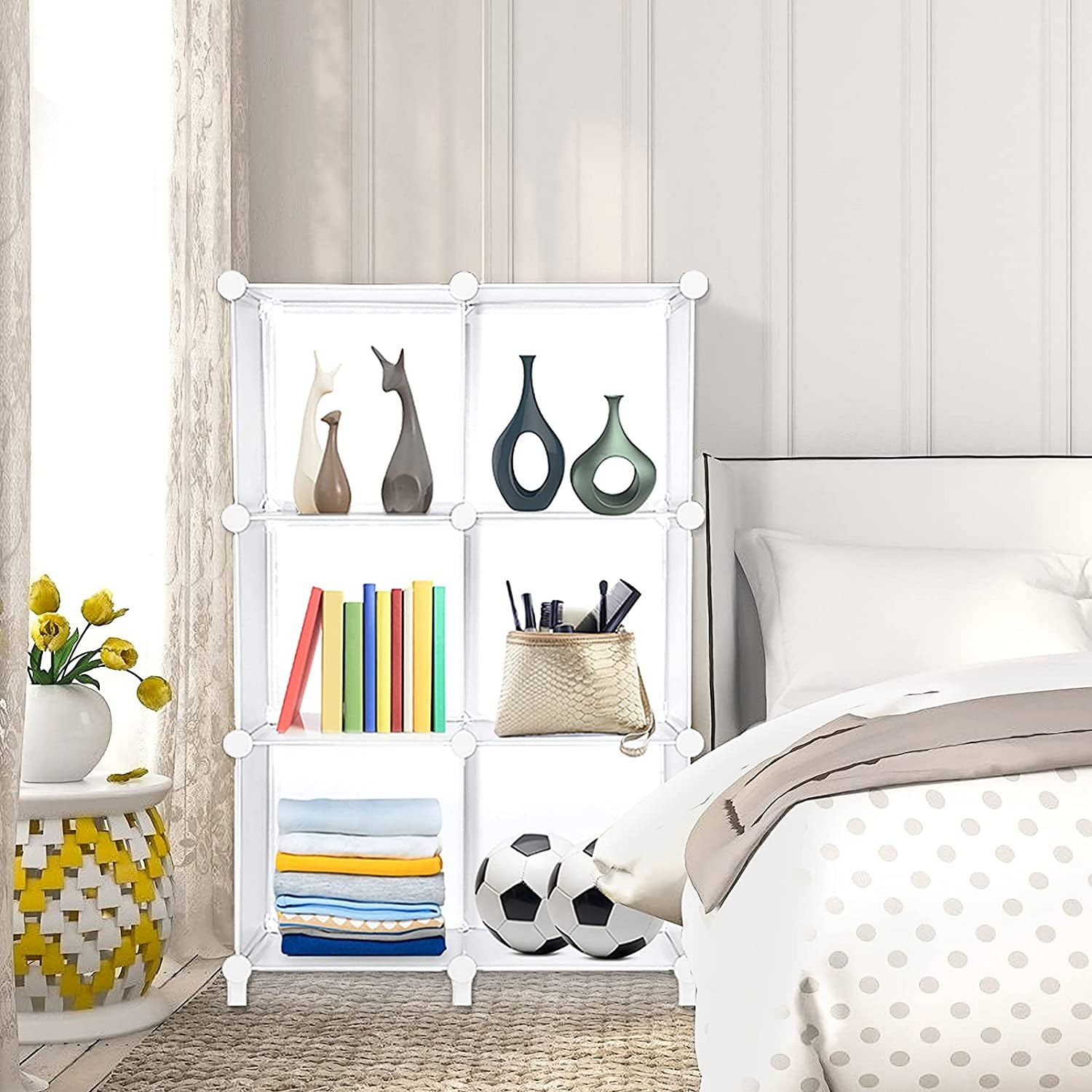 Cube Storage 6-Cube Closet Organizer Bookshelf Bookcase DIY Storage Cubes Organizer Plastic Closet Cabinet Cube Organizer Storage Shelves for Bedroom Living Room, Pure White