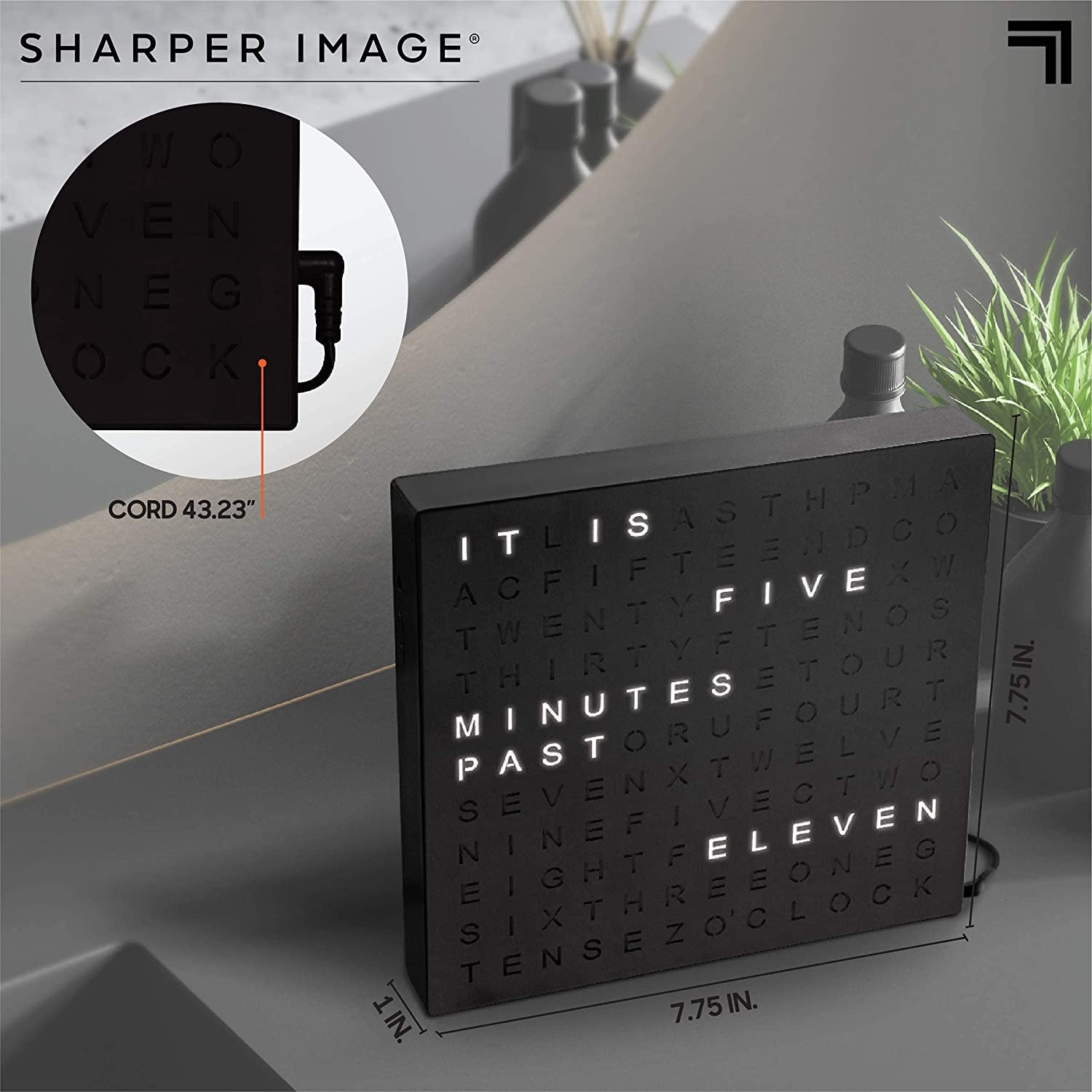 SHARPER IMAGE Light up Electronic Plug-In Word Clock, Black Finish with LED Light Display, USB Cord and Power Adapter, Unique Contemporary Home and Office Décor, Accent Desk Clock