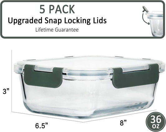 [5-Packs, 36 Oz.] Glass Meal Prep Containers with Lifetime Lasting Snap Locking Lids Glass Food Containers,Airtight Lunch Container,Microwave, Oven, Freezer and Dishwasher (4.5 Cup)