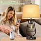Set of 2 Industrial Touch Control Table Lamps with USB Port, 3-Way Dimmable Farmhouse Bedside Nightstand 2-Lights Lamps for Bedroom Living Room Reading, Cream Fabric , Black Metal Base, Bulbs Included