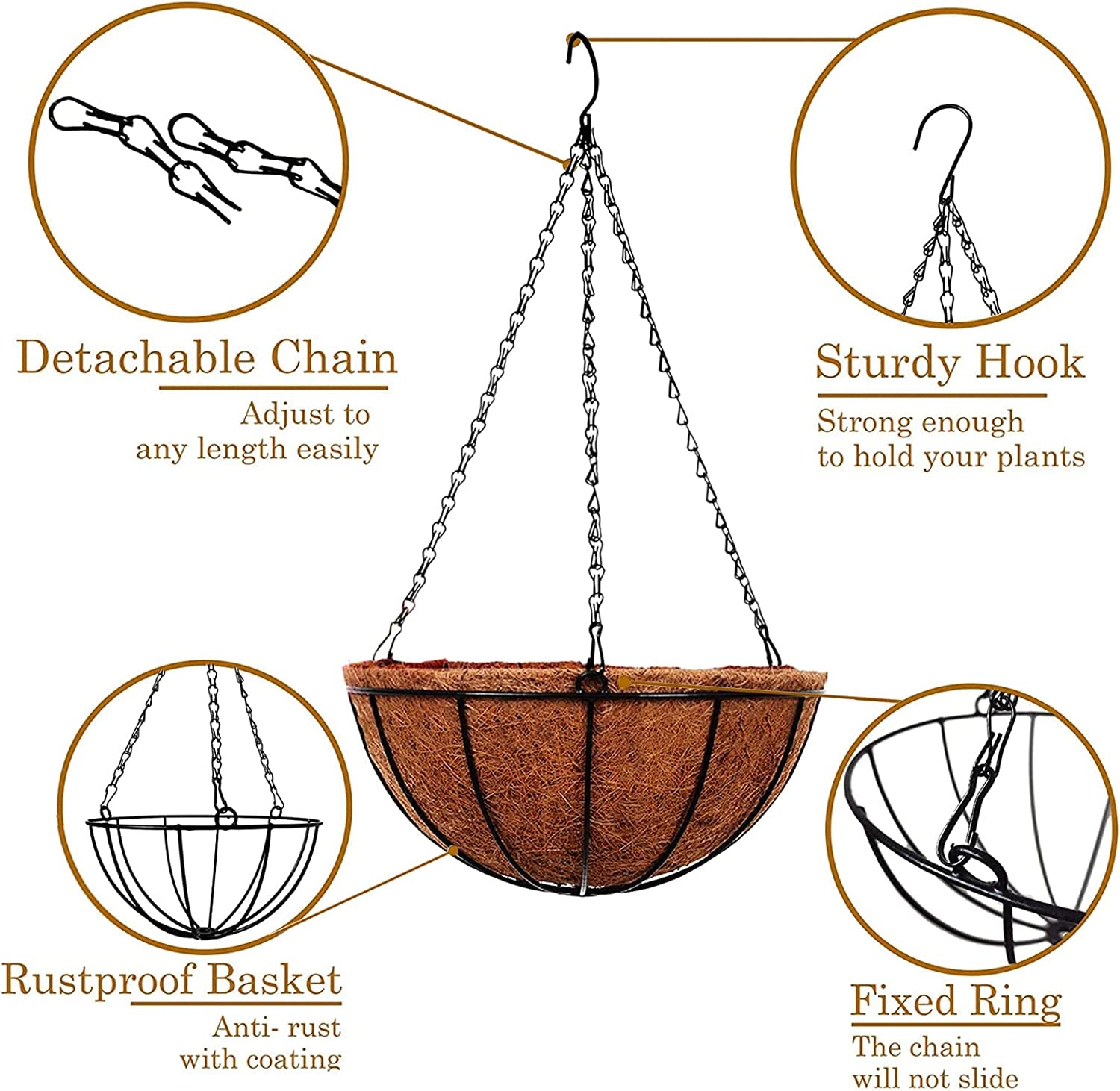 2 Pack Metal Hanging Planter Basket with Coco Coir Liner Chain round Wire Plant Holder Flower Pots Hanger Garden Decoration Porch Decor Watering Hanging Baskets Indoor Outdoor (12INCH)