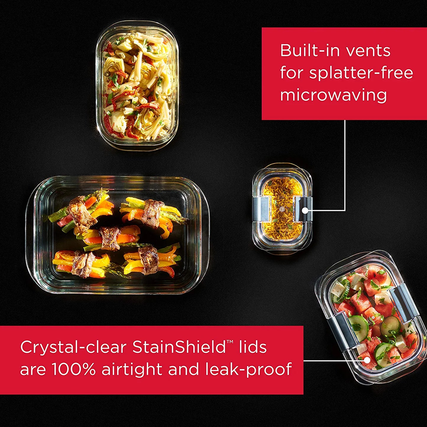 8-Piece Brilliance Glass Food Storage Containers with Lids for Lunch, Meal Prep, and Leftovers, Dishwasher and Oven Safe, Clear/Grey