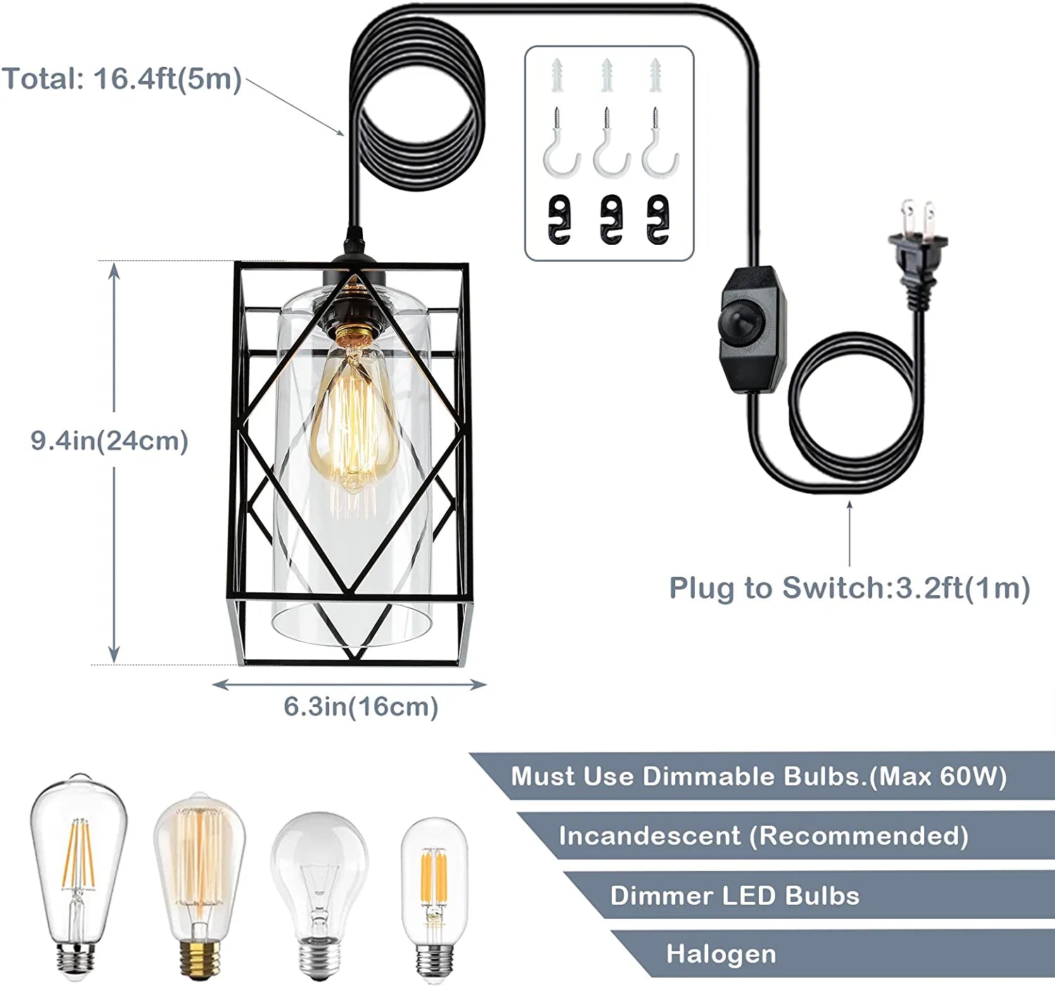 HMVPL Plug in Pendant Light with Dimmer Switch, Outdoor Farmhouse Hanging Lights Fixtures for Gazebo and Porch, Plug in Ceiling Light for Kitchen Island Table Bedroom Hallway Foyer
