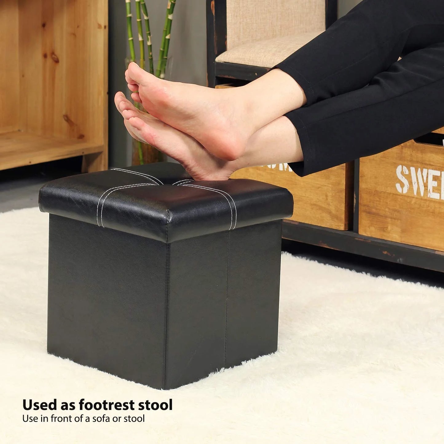 Storage Ottoman with Faux Leather Foldable Small Square Foot Rest Stools Coffee Table Black 11.8"X 11.8" X 11.8"