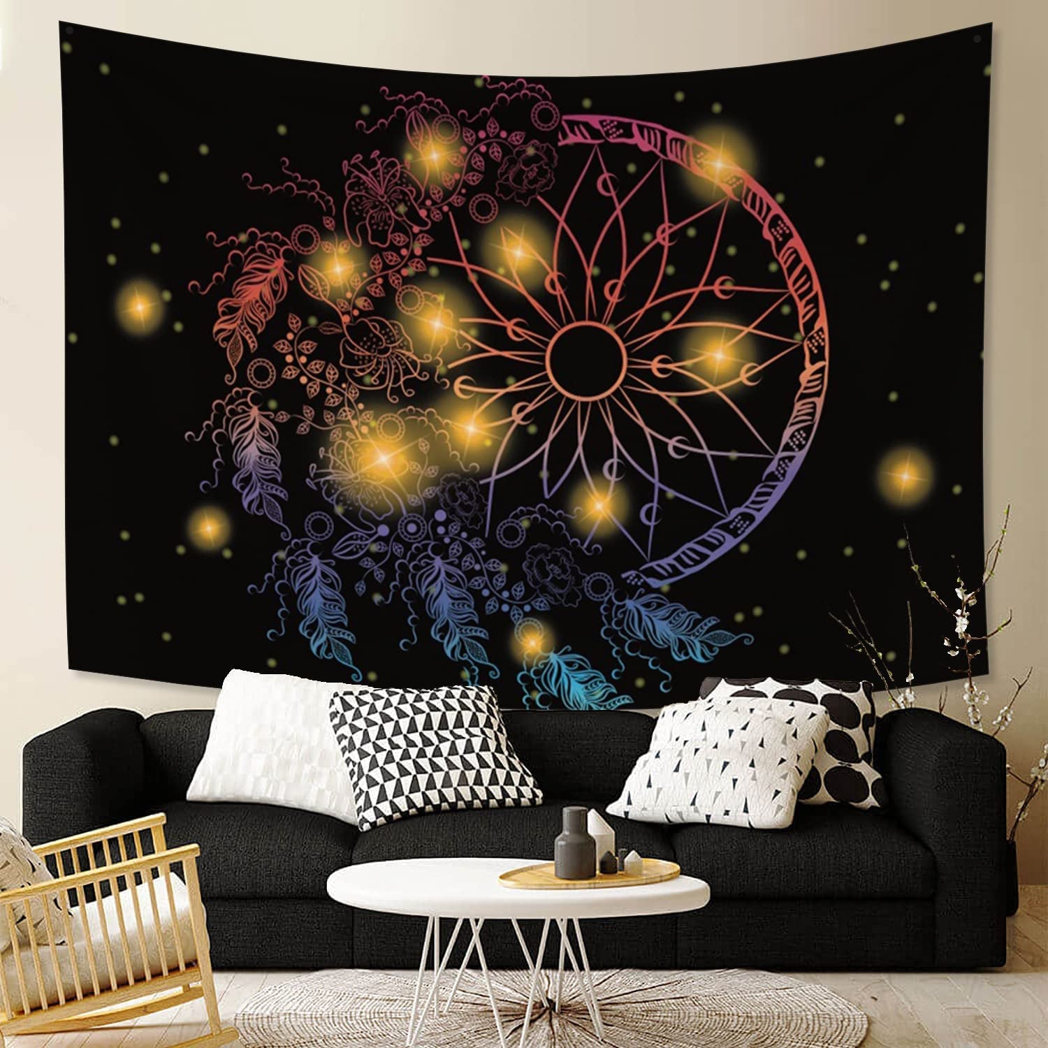 Dream Catcher Tapestry for Bedroom Aesthetic,Fantasy Boho Dreamcatcher Feather Tapestry Wall Hang Mystic Starry Star Moon Tapestry for Girl Living Room Dorm Decor 59.1X51.2 Inches