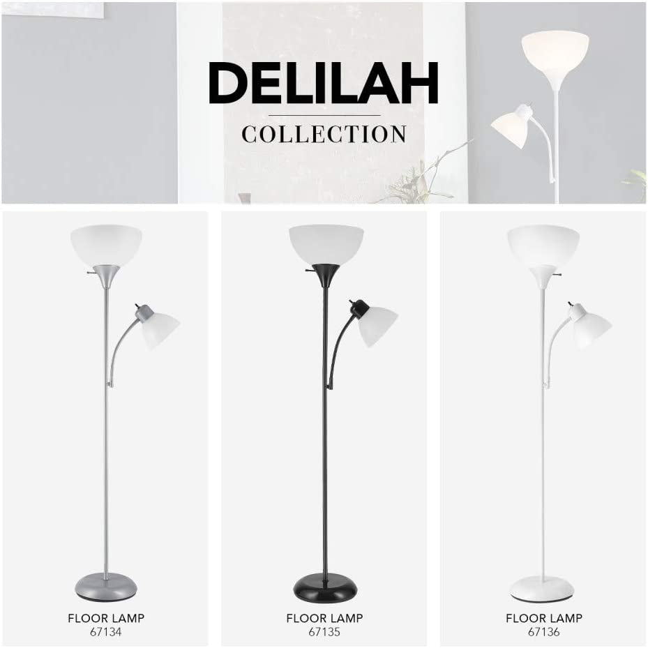67136 72" Torchiere Floor Lamp + Adjustable Reading Light, Matte White, Frosted Plastic Shade, 3-Step Rotary Switch on Floor Lamp Socket, Home Improvement, Home Office Accessories