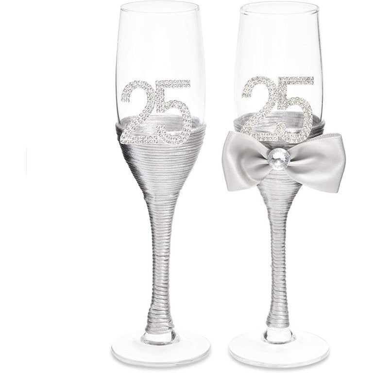 Set of 2 25th Wedding Anniversary Champagne Flutes Glasses for Mr and Mrs Toasting Party Celebration Gift