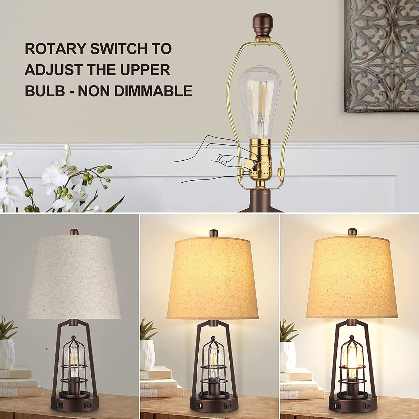 Set of 2 Farmhouse Table Lamps with USB Ports, 3-Way Dimmable Bedside Touch Lamp, Bedroom Nightstand Lamp with AC Outlet, Rustic Industrial Desk Lamps for Living Room Reading, Bulbs Included