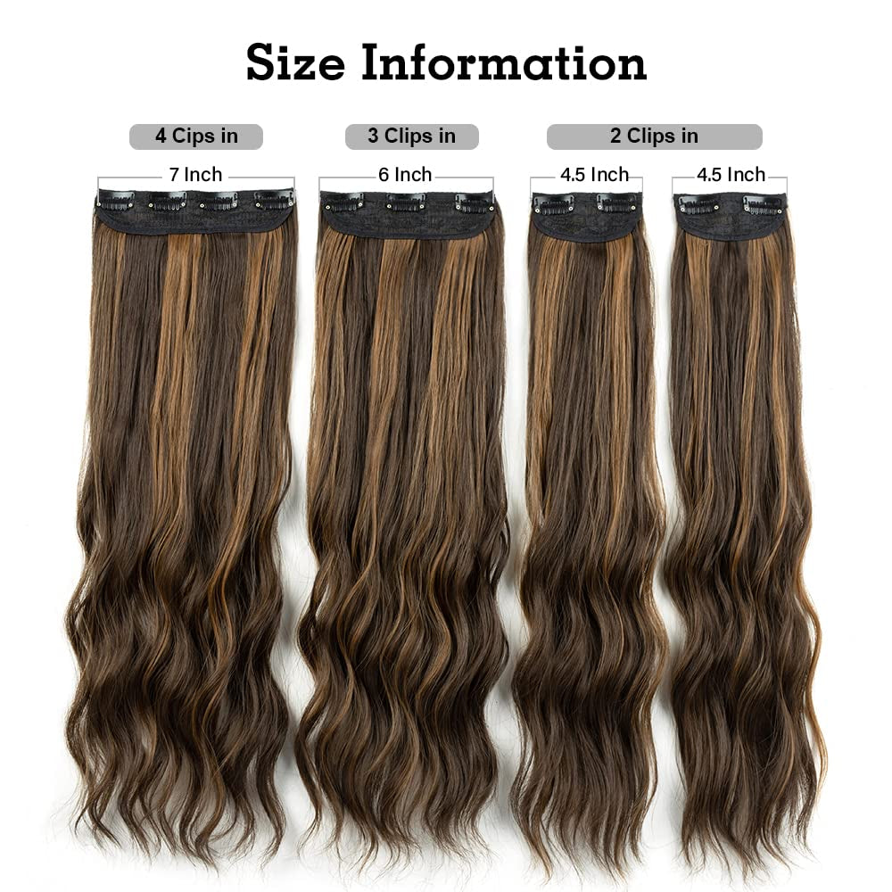 Clip in Hair Extensions 4Pcs Set Curly Wave 24 Inch Long Hair Extension Clip Ins Balayage,Wavy Hair Extensions for Women Synthetic Clip on Extension