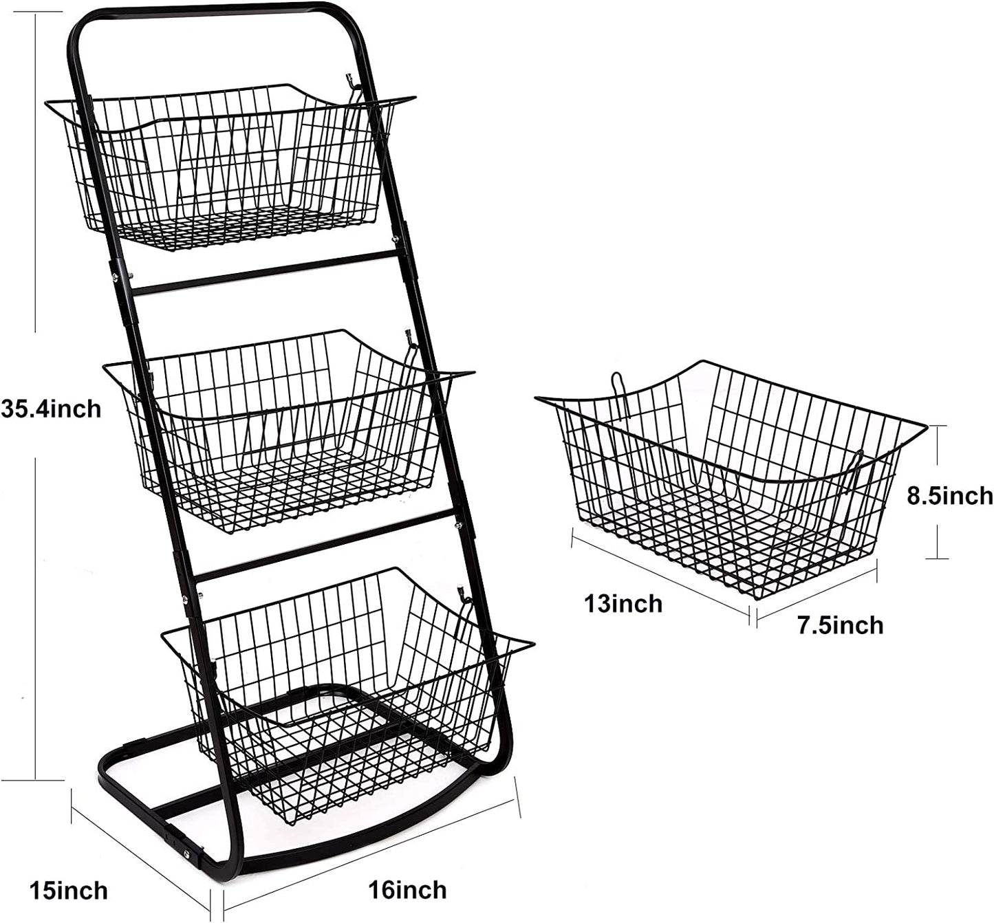 3 Tier Market Basket,Storage Basket Organizer, Fruit Vegetable Produce Metal Hanging Storage Bin for Kitchen,Bathroom Tower Baskets Stand