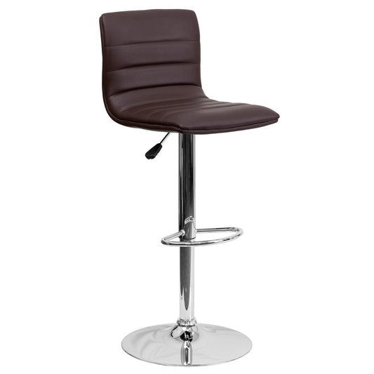 Betsy Modern Brown Vinyl Adjustable Bar Stool with Back, Counter Height Swivel Stool with Chrome Pedestal Base