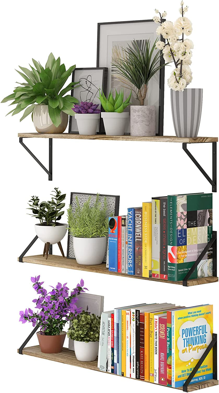 Bora 36 Inch Large Floating Shelves for Wall Storage, Floating Bookshelf Set of 3, Burned Wood Wall Shelves for Books