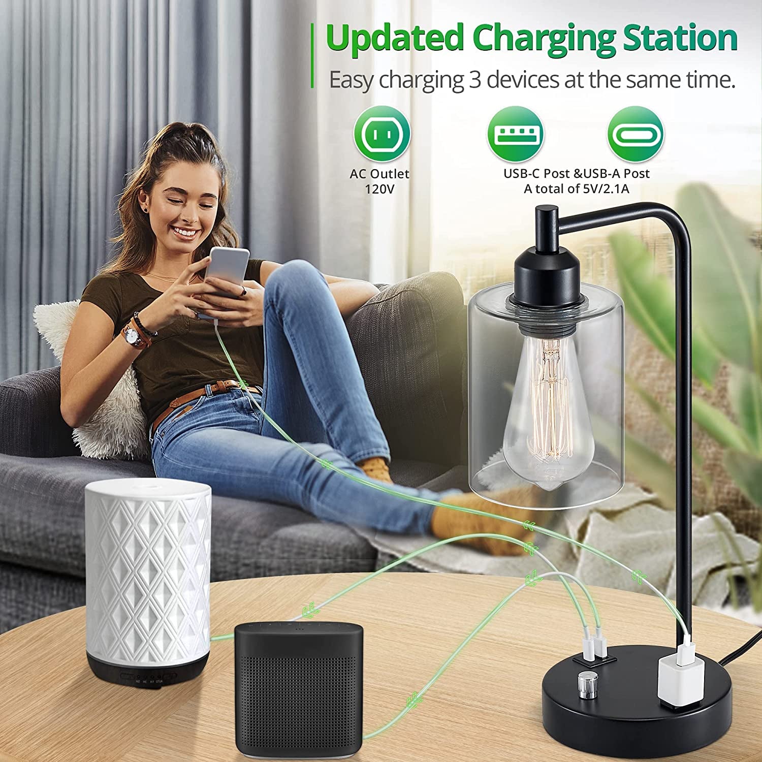 Set of 2 Industrial Table Lamps with AC Outlet and 2 USB Ports, Fully Stepless Dimmable Bedside Lamps, Nightstand Lamp with Glass Shade for Bedroom, Living Room, Office, 2700K Bulbs Included