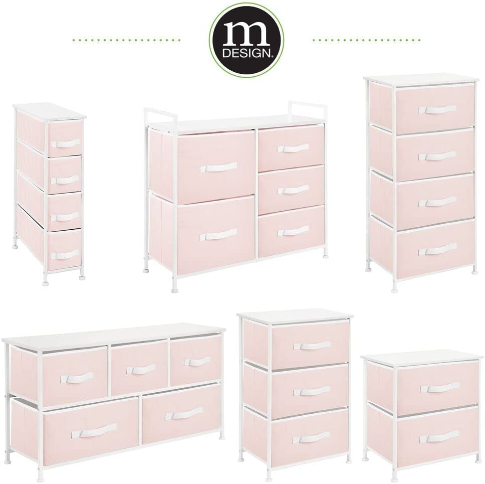 Mdesign Storage Dresser Furniture Unit - Tall Baby and Kid Standing Organizer Tower for Bedroom, Nursery, Playroom, and Closet - 4 Drawer Removable Fabric Bins - Pink/White