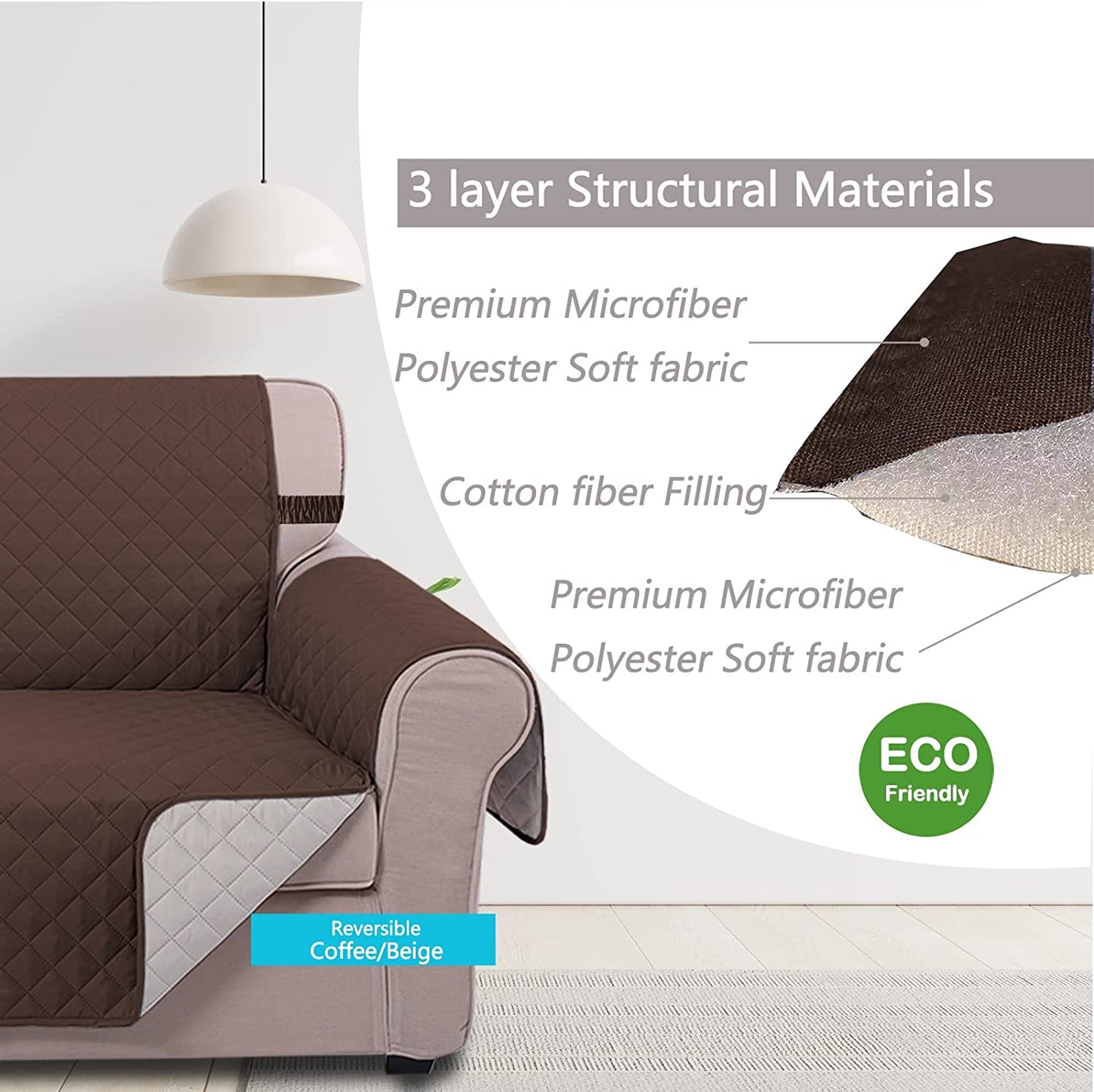 Sofa Cover Reversible Couch Cover for Dogs with Elastic Straps Water Resistant Furniture Protector for Pets Couch Cover for 3 Cushion Couch (Sofa, Coffee/Beige)