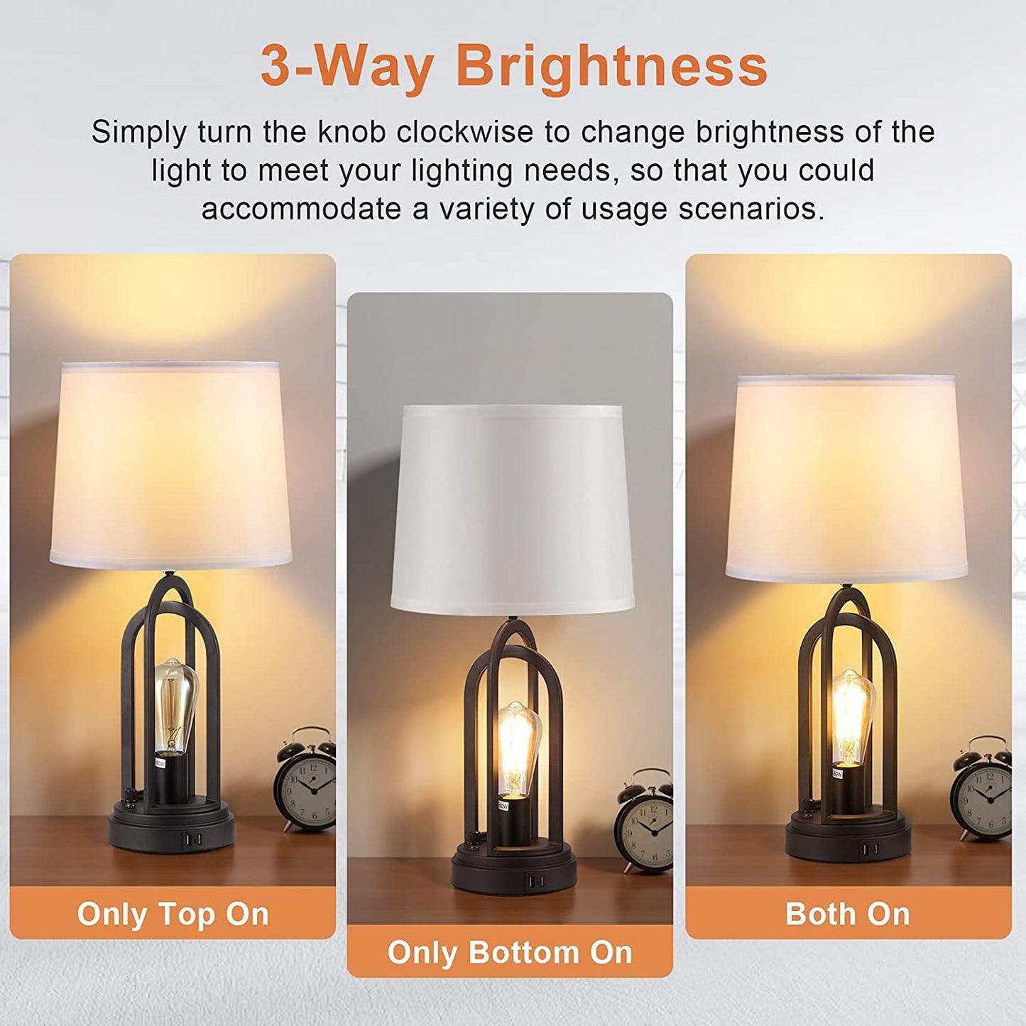 Farmhouse Table Lamps for Living Room Set of 2, Bedside Lamps with Dual USB Ports, 3-Way Brightness Retro Charging Lamp for Bedroom,  Industrial Nightstand Lamp with Nightlight (Bulbs Included)