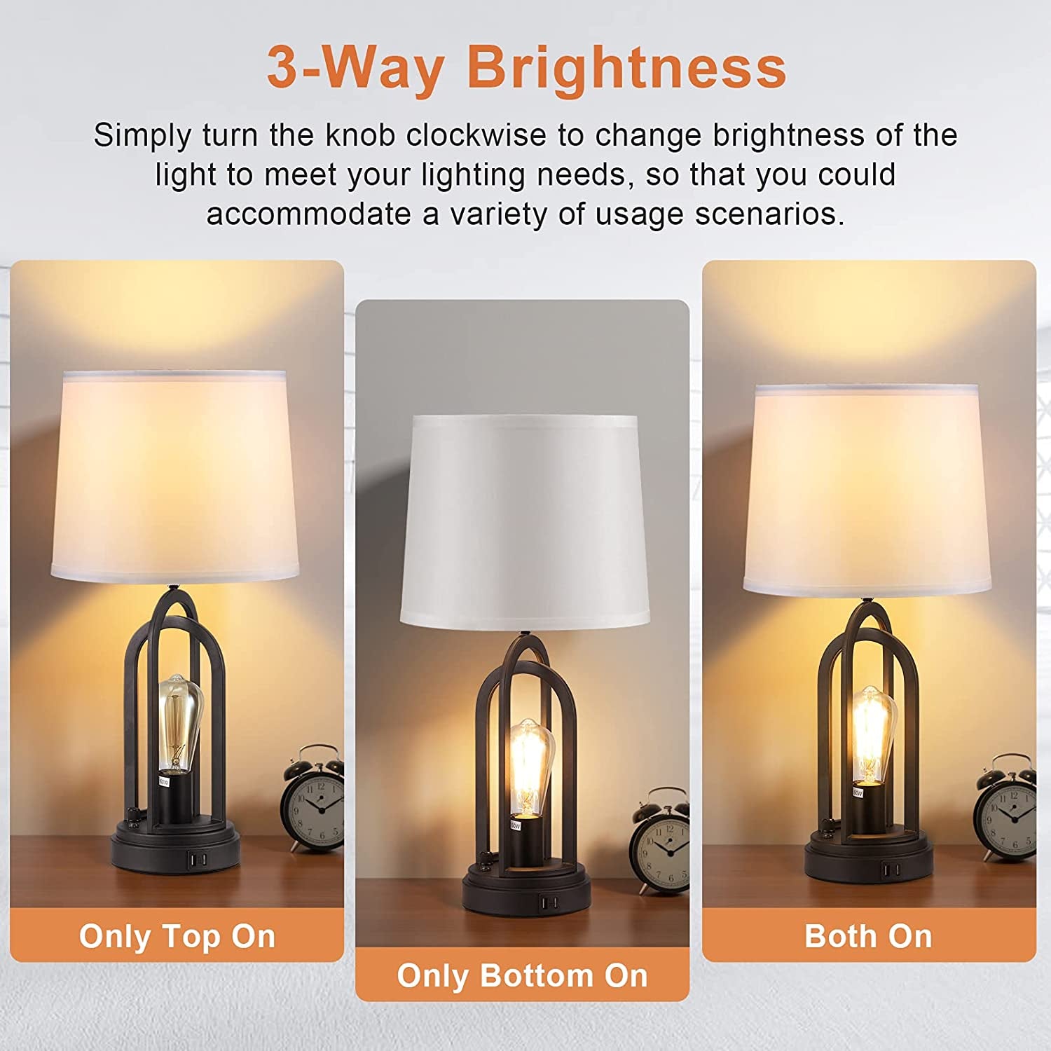 Farmhouse Table Lamps for Living Room Set of 2, Bedside Lamps with Dual USB Ports, 3-Way Brightness Retro Charging Lamp for Bedroom,  Industrial Nightstand Lamp with Nightlight (Bulbs Included)
