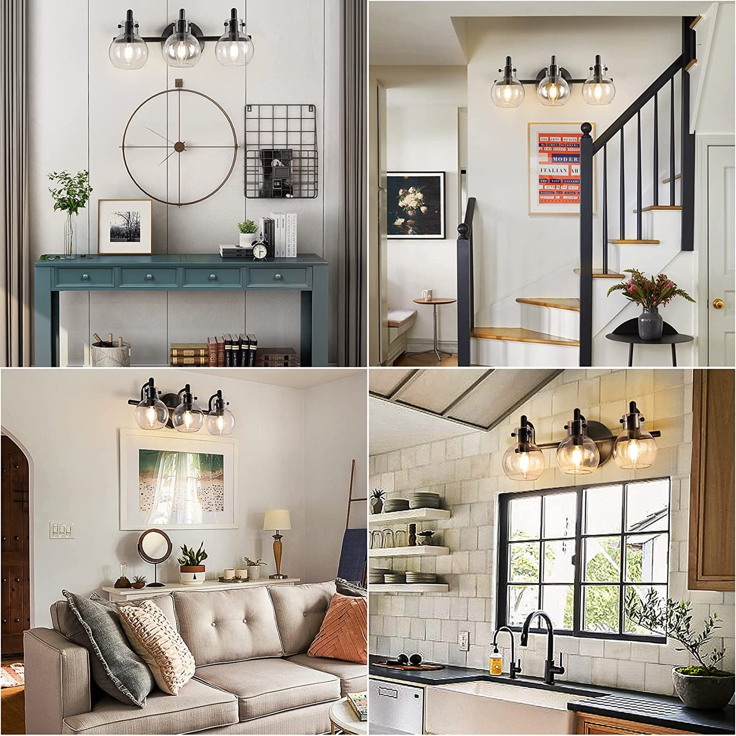 Bathroom Vanity Light Fixtures, Modern 3 Lights Wall Sconce Lighting Matte Black, Farmhouse Metal Wall Lamp with Globe Glass Shade, Porch Wall Mount Light Fixture for Mirror Cabinets Hallway Stairs
