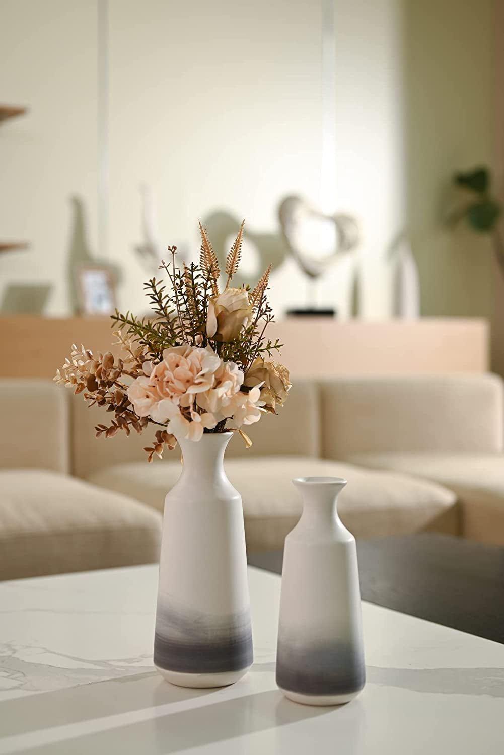 Modern Ceramic Flower Vase, Grey and White Decorative Vase for Pampas Grass, Set of 2 Terracotta Vases for Home Decor, Modern Farmhouse Decor, Living Room, Shelf Decor-12