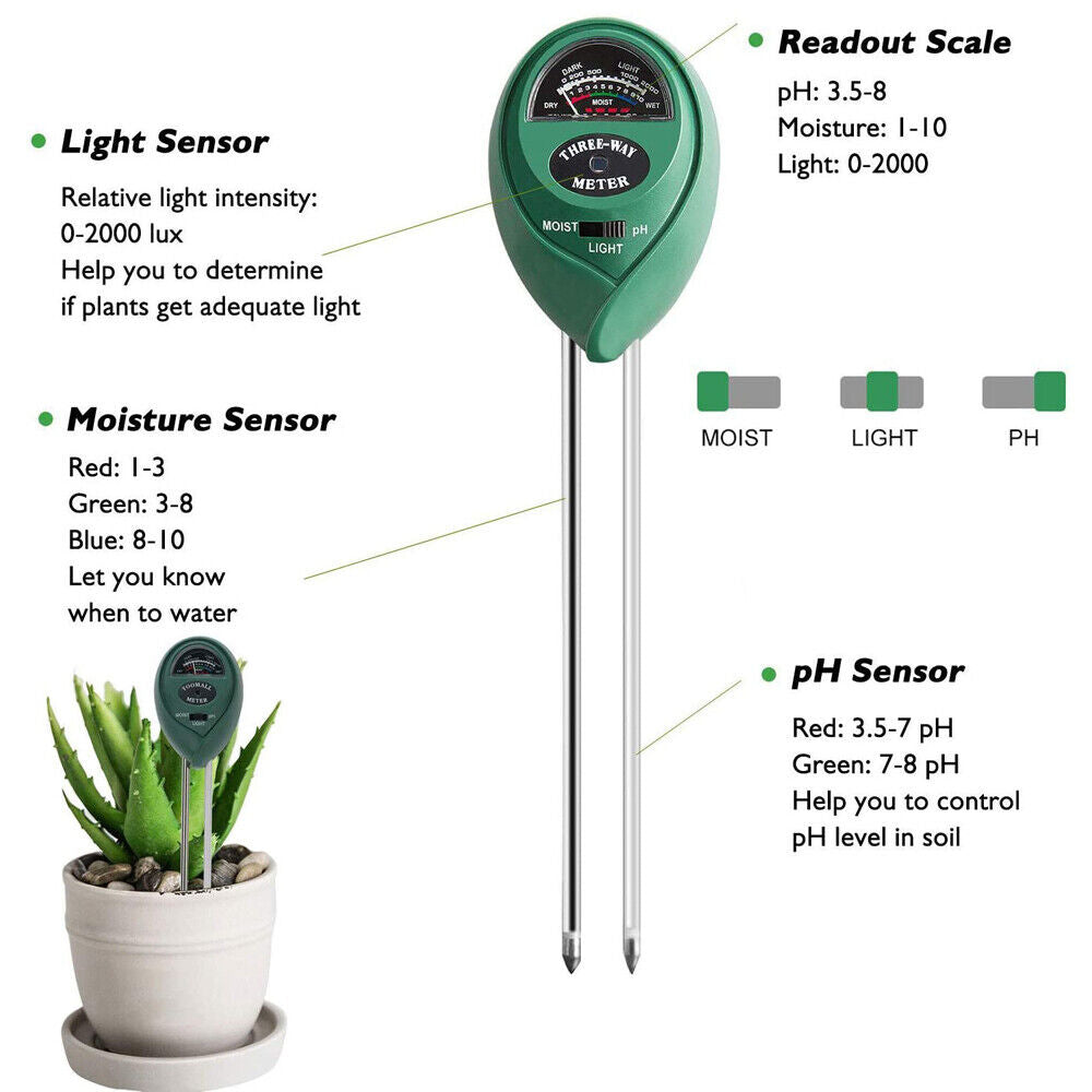 3 in 1 Soil Moister Tester Water Ph Light Test Meter Kit Gardening Grass Plants