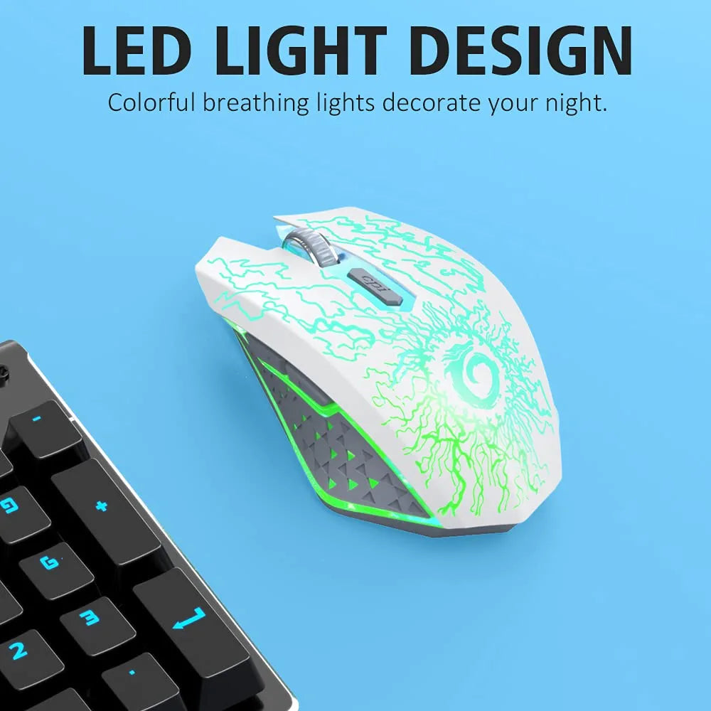 Wireless Gaming Mouse, Rechargeable Computer Mouse Mice with Colorful LED Lights, Silent Click, 2.4G USB Nano Receiver, 3 Level DPI for PC Gamer Laptop Desktop Chromebook Mac -White