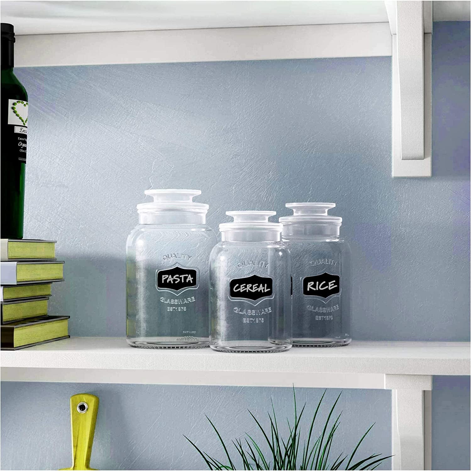 Glass Canister Set for Kitchen or Bathroom with Airtight Lid and Chalkboard Labels, Apothecary Glass Food Storage Jars - Set of 3 Cookie Jars, Candy, Coffee, Flour, Sugar, Rice, Pasta, Cereal & More, Clear Storage Containers!