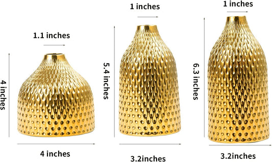 Ceramic Vase Set - 3 Small Vases, Luxurious Home Decor, Great for Centerpieces; Ideal Shelf Décor, Table Décor, Bookshelf, Mantle, Entryway- Gold