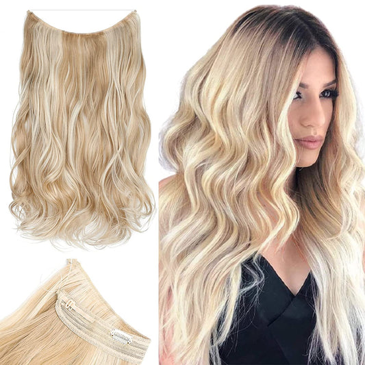 Serect Hair Extension 20" Curly Wavy Invisible Wire Adjustable Hair Extensions Fish Line Flip in Synthetic Hairpiece for Women Bleach Blonde Mix Light Ash Blonde