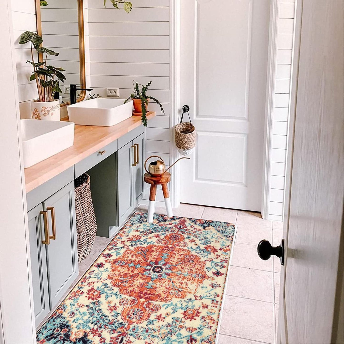 Bohemian Floral Medallion Area Rug - 2X4 Oriental Distressed Hallyway Runner Rug Doormat Faux Wool Non-Slip Bath Mat Washable Low-Pile Carpet for Kitchen Laundry Room(2 X 4, Orange Medallion)