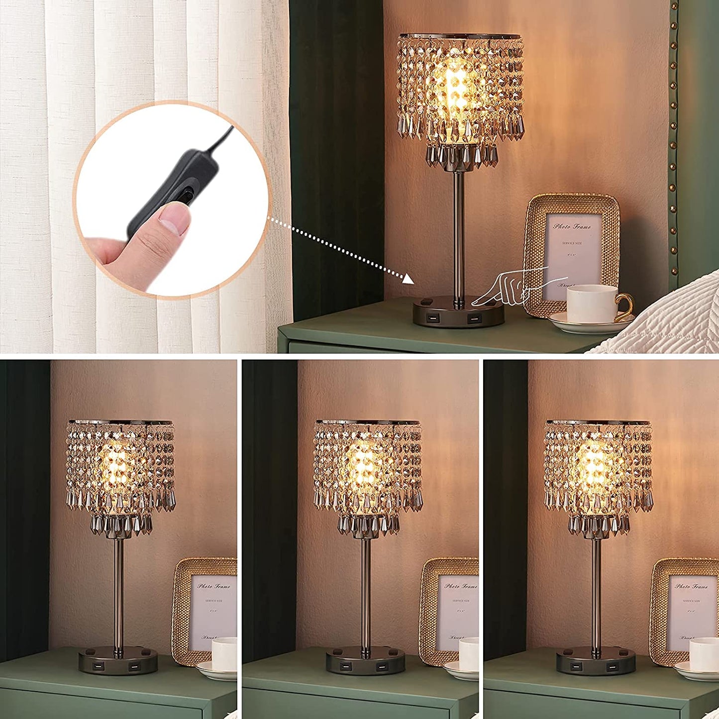 Black Crystal Table Bedside Lamp,Touch Control & 3-Way Dimmable, Small Nightstand Lamp with 2 USB Charging Ports and Outlets, Decorative Tabletop Lamp for Bedroom, Living Room-Bulb Included