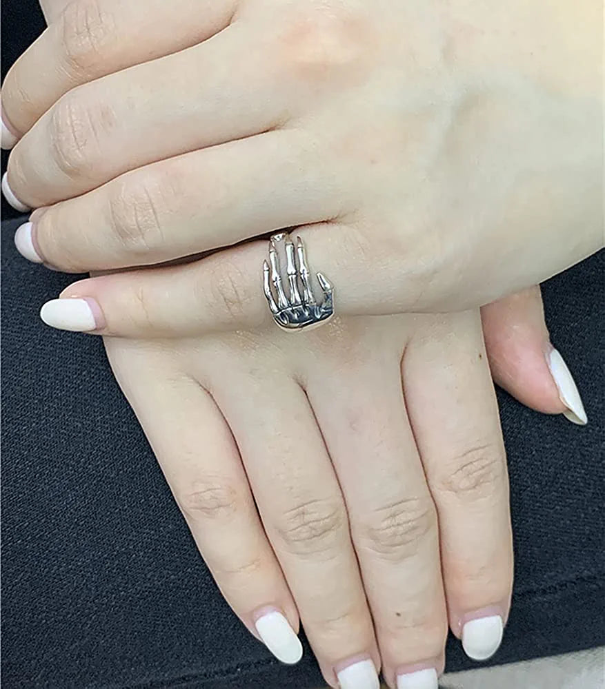 Vintage Skull Hand S925 Sterling Silver Open Band Ring for Women Girls Statement Adjustable Expandable Oxidized Gothic Skeleton Devil'S Talons Finger Pinky Rings Comfort Fit Unisex Personalized Jewelry