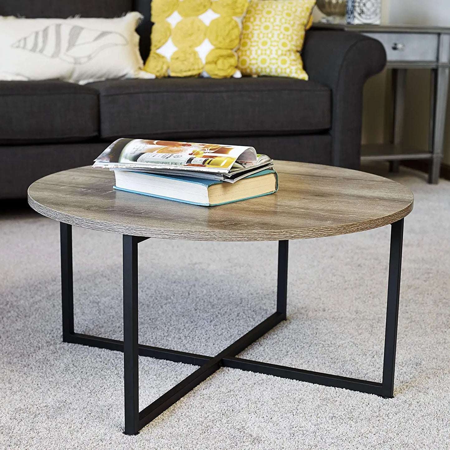 Grey Top Black Frame Ashwood round Coffee Table, 31.5 X 31.5