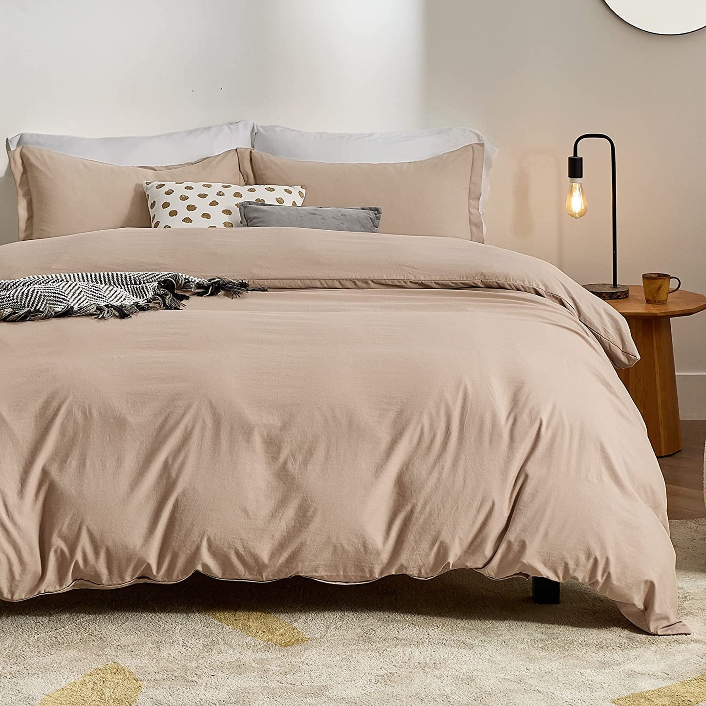 Khaki Duvet Covers Queen Size - Washed Duvet Cover, Soft Queen Duvet Cover Set 3 Pieces with Zipper Closure, 1 Duvet Cover 90X90 Inches and 2 Pillow Shams (No Comforter)