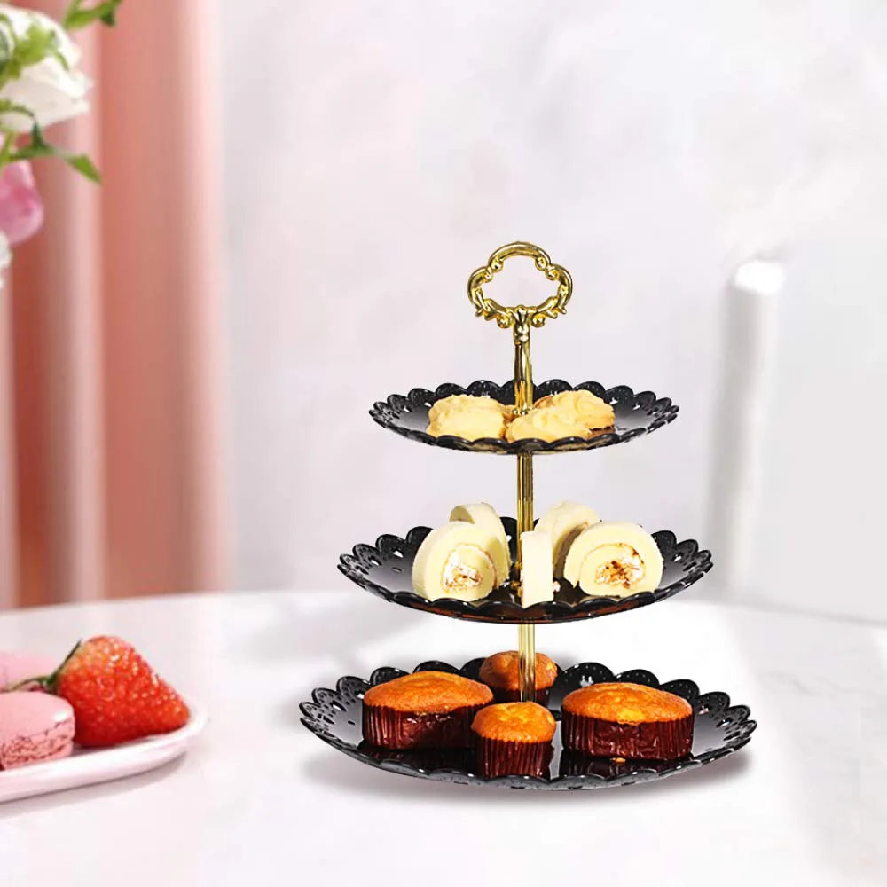 Black round Plate 3 Tiered Serving Stand Tray Cake Stands Cupcake Holder Dessert Stand Table Decorations for Party Kids Birthday Tea Party Baby Shower