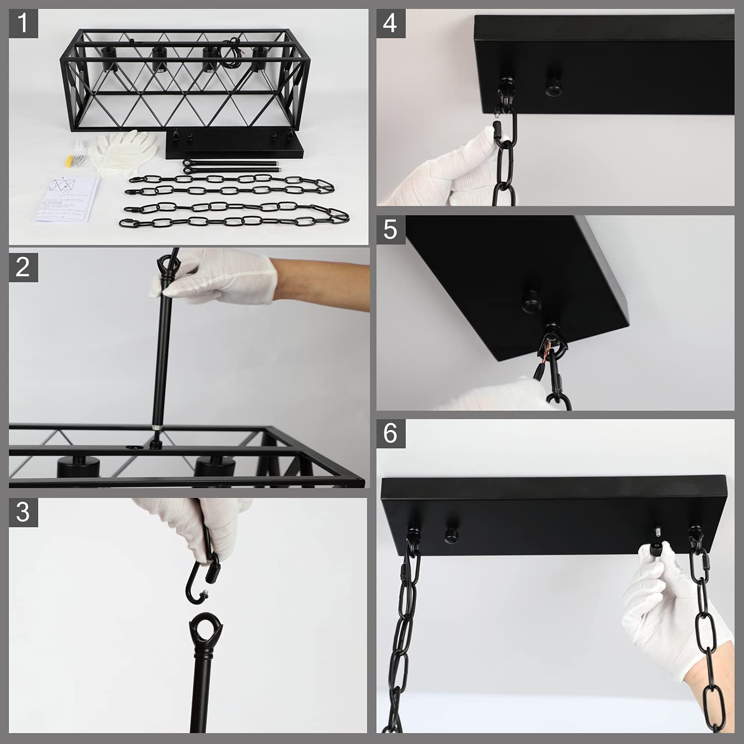Kitchen Island Lighting Farmhouse Chandelier, 4-Lights Dining Room Light Fixtures 25.19'' Industrial Black Metal Rustic Rectangular Chandeliers for Living Room Bedroom Foyer Hallway Restaurant