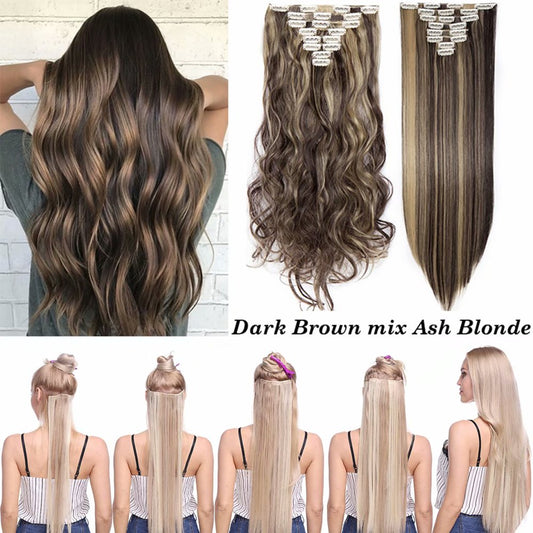 Benehair Clip in Hair Extensions Full Head Long Thick 8 Pieces Hair 18 Clips Curly Wavy Straight Hairpieces 100% Real Natural as Human Best Hair Set 24'' Curly Dark Brown & Ash Blonde