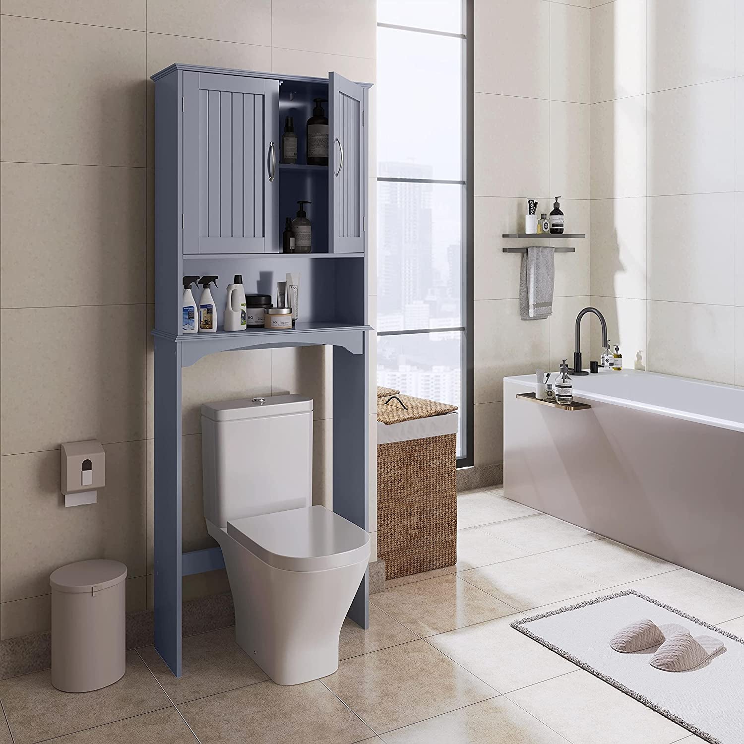 over the Toilet Bathroom Cabinet with 2 Doors & Adjustable Shelf, Free Standing Toilet Rack Space-Saving, L24.5Xw9Xh66 Inches, Grey