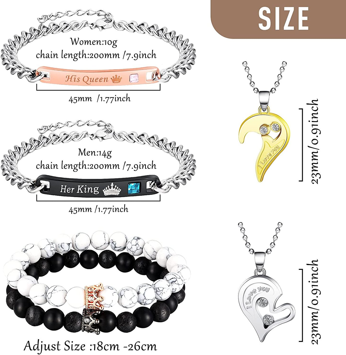 8 Pieces Couples Necklace Bracelet Matching Bracelets Set for Women Men, Her King His Queen I Love You Heart Crown Necklaces Boyfriend Girlfriend for Valentines Jewelry Gift