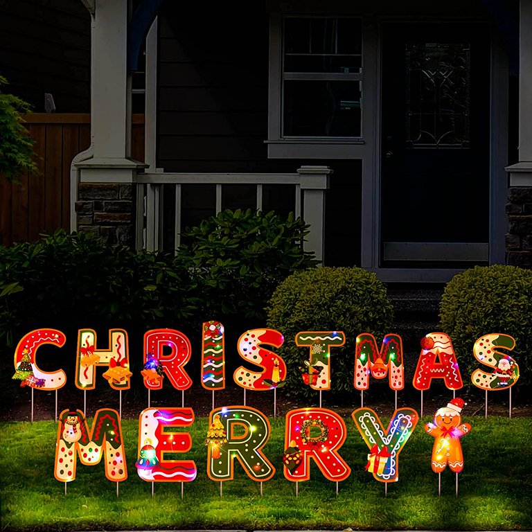 Homify Christmas Outside Decorations for Yard with Light String - 15 Pack Xmas Letters Yard Sign Large Yard Stakes Decor- Holiday Outdoor Signs for Home Lawn Pathway Walkway