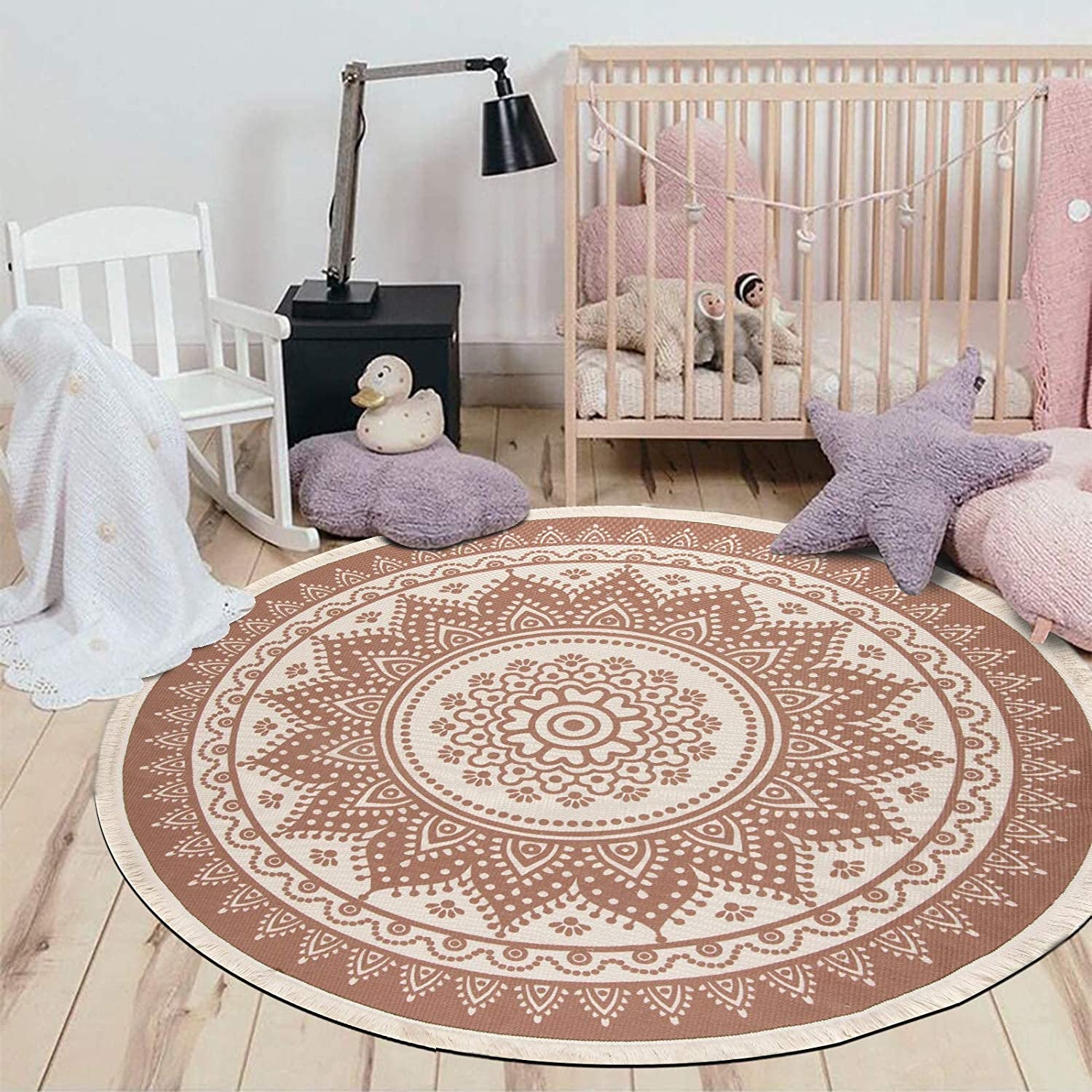 Cotton round Area Rug Hand Woven Cotton Area Rug with Tassels Fringe Washable Chic Bohemian Mandala Indoor Throw Rugs for Living Room Bedroom (4 Ft Diameter, Mandala-Beige)