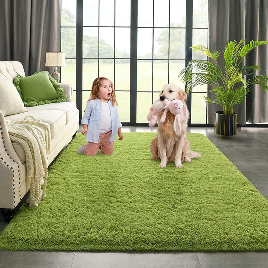 Green Area Rug for Bedroom Living Room Carpet Home Decor, Upgraded 5X8 Cute Fluffy Rug for Apartment Dorm Room Essentials for Teen Girls Kids, Shag Nursery Rugs for Baby Room Decorations