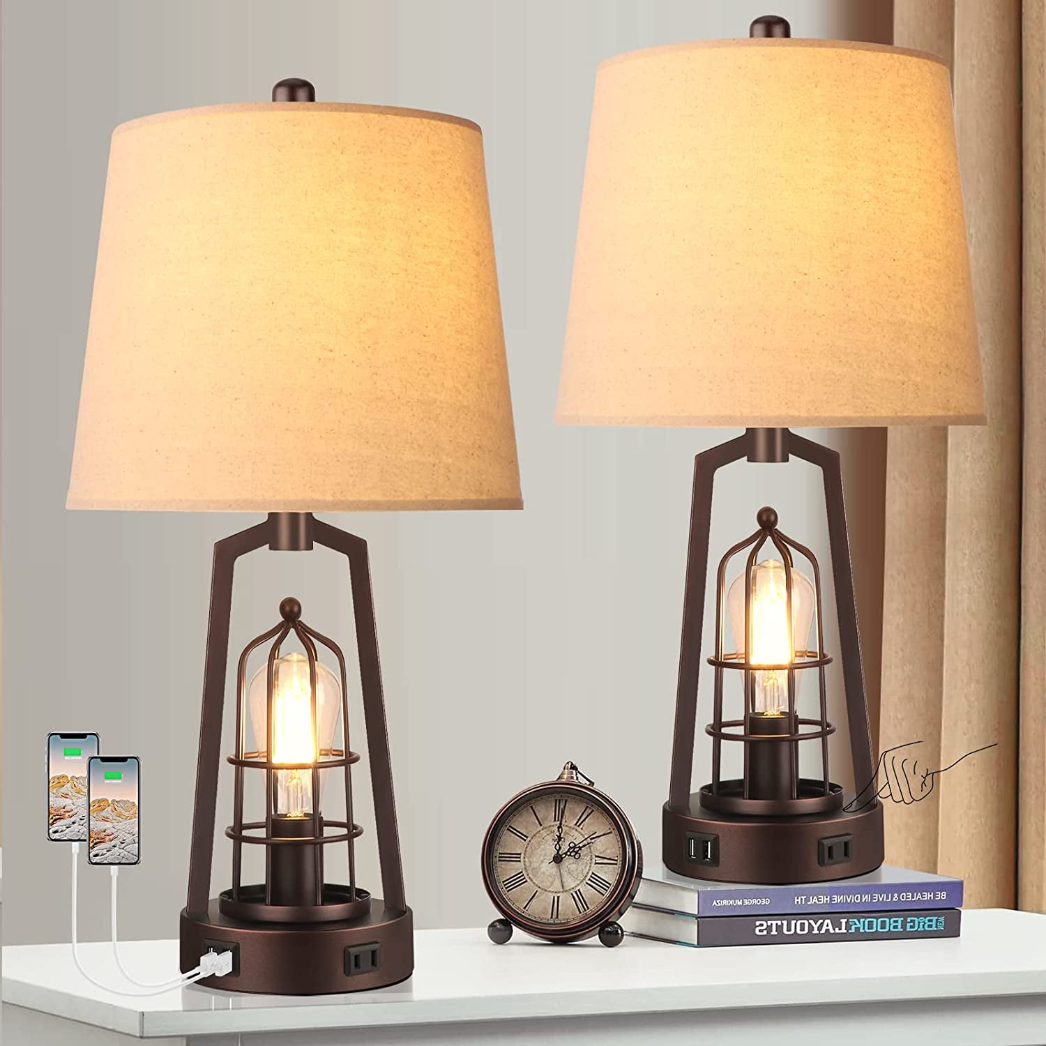 Set of 2 Farmhouse Table Lamps with USB Ports, 3-Way Dimmable Bedside Touch Lamp, Bedroom Nightstand Lamp with AC Outlet, Rustic Industrial Desk Lamps for Living Room Reading, Bulbs Included