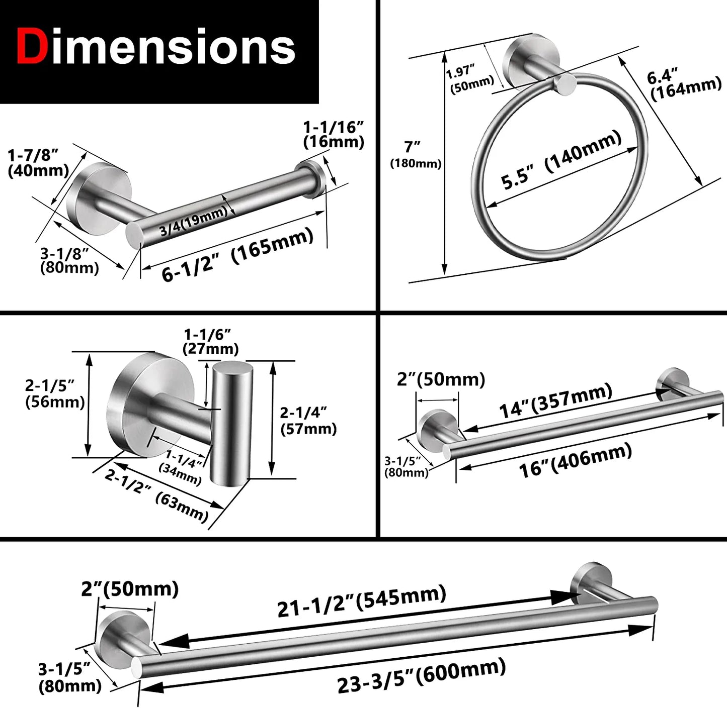 6 Pieces Brushed Nickel Bathroom Hardware Accessories Set Hand Towel Ring 18&23.6 Inch round Towel Bar Silver Toilet Paper Holder Towel Hooks 2 Pieces SUS 304 Stainless Steel,Heavy Duty,Wall Mounted