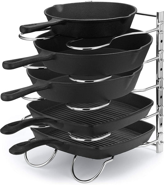 Heavy Duty Pan Rack, Pot Lid Rack, Kitchen Cabinet Pantry Cookware Organizer Rack Holder | 5 Adjustable Dividers, Chrome