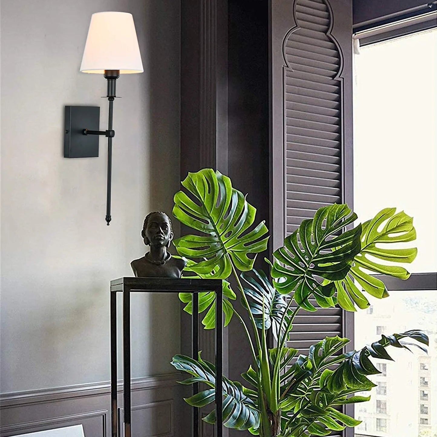 Slim Wall Sconce Set of 2 White Fabric Shades Wall Sconce Hardwired Indoor Wall Light Column Stand Bedroom Wall Lamps Bathroom Vanity Light Fixture, Black