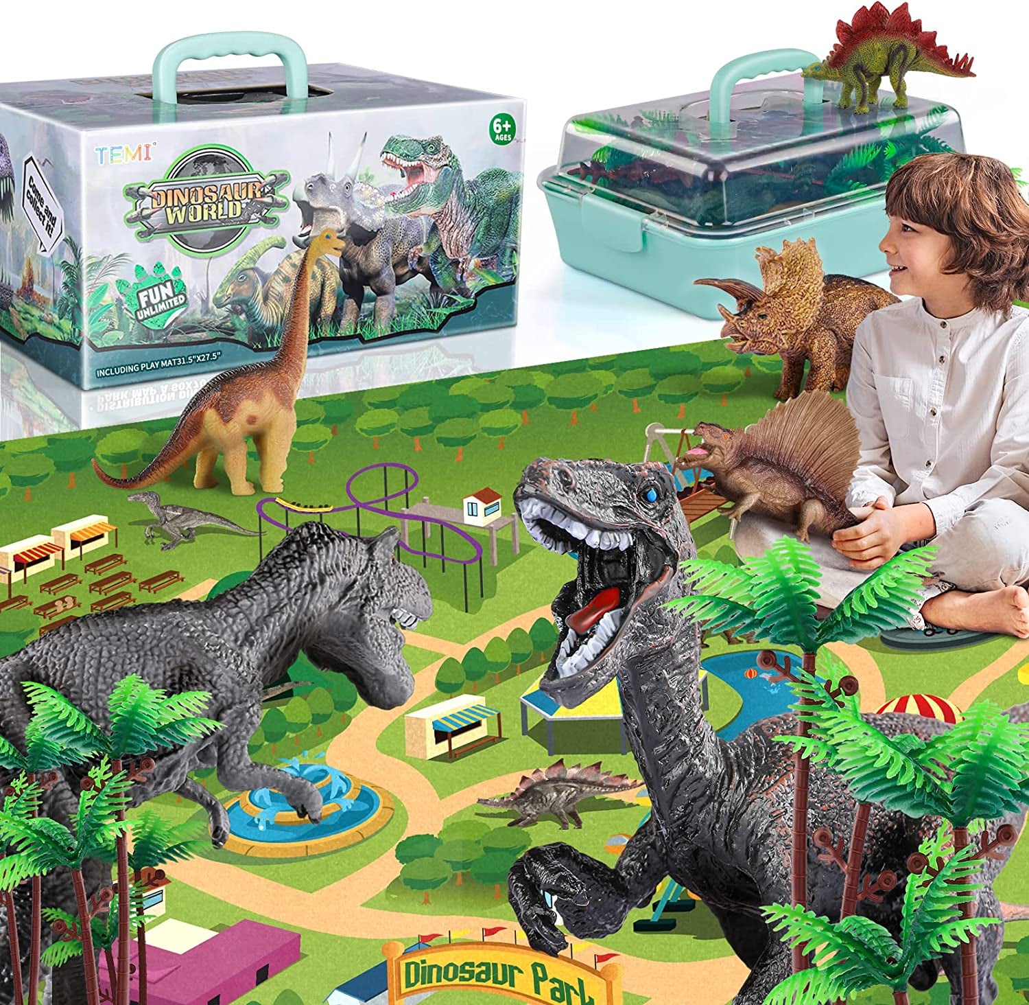 Dinosaur Toys for Kids 3-5 with Activity Play Mat & Trees, Realistic Jurassic Dinosaur Play Set to Create a Dino World Including T-Rex, Triceratops, Velociraptor, Great Gift for Boys & Girls